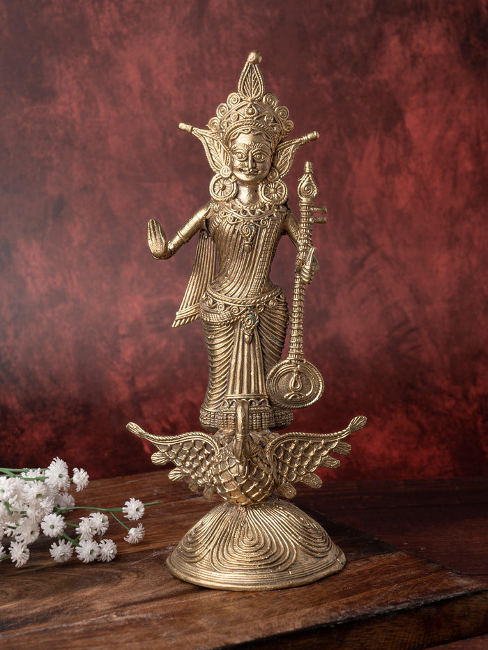 Handcrafted Dokra Idol of Goddess Saraswati in Brass Metal - The Heritage Artifacts