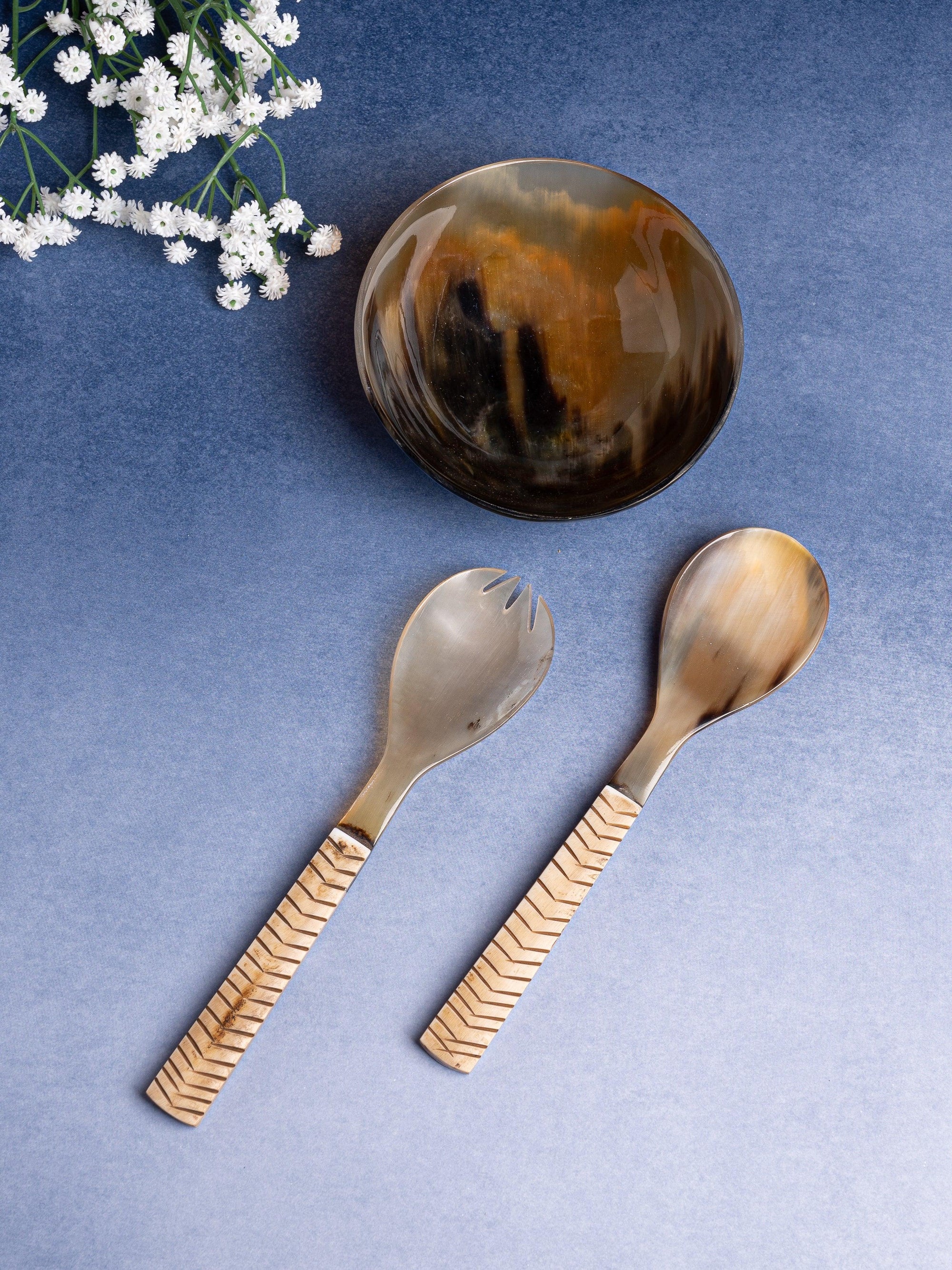 Natural Buffalo Horn 5 inches Serving bowl with Spoon and Fork set - The Heritage Artifacts