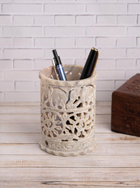 Elephant design stone crafted Pen / Pencil holder in Beige color - The Heritage Artifacts
