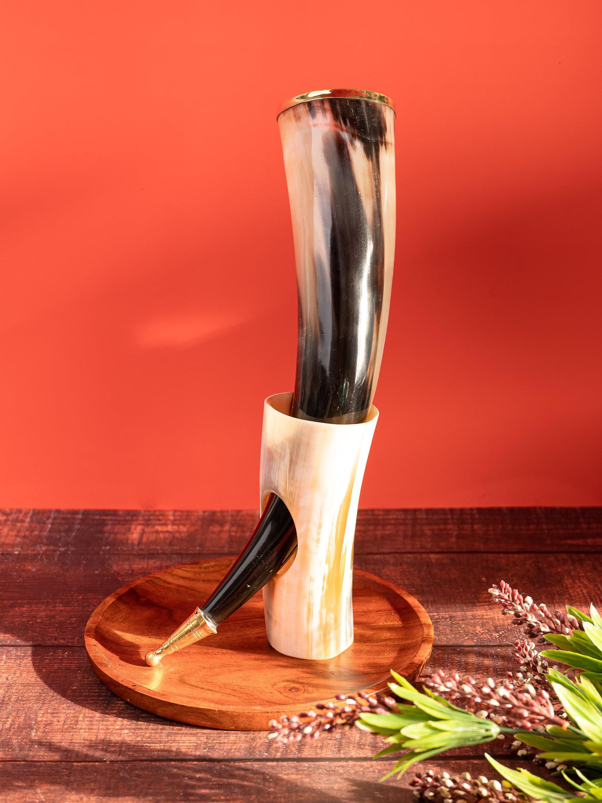 Natural Buffalo Horn Golden tipped Showpiece with Stand - 12 inches height - The Heritage Artifacts