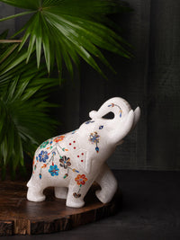 Hand carved, trunk-up marble elephant with colorful inlay work - The Heritage Artifacts
