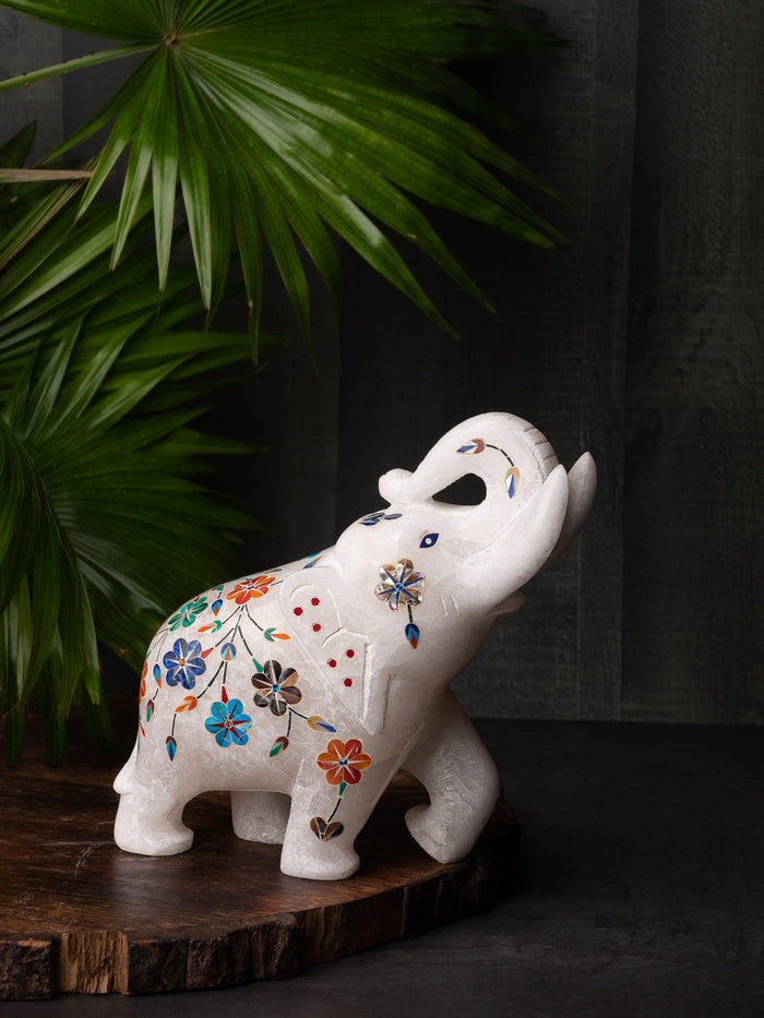 Hand carved, trunk-up marble elephant with colorful inlay work - The Heritage Artifacts