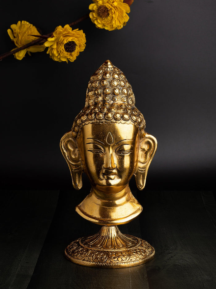 Antique gold finish metal Buddha Head on a stand - 11 inches height - The Heritage Artifacts