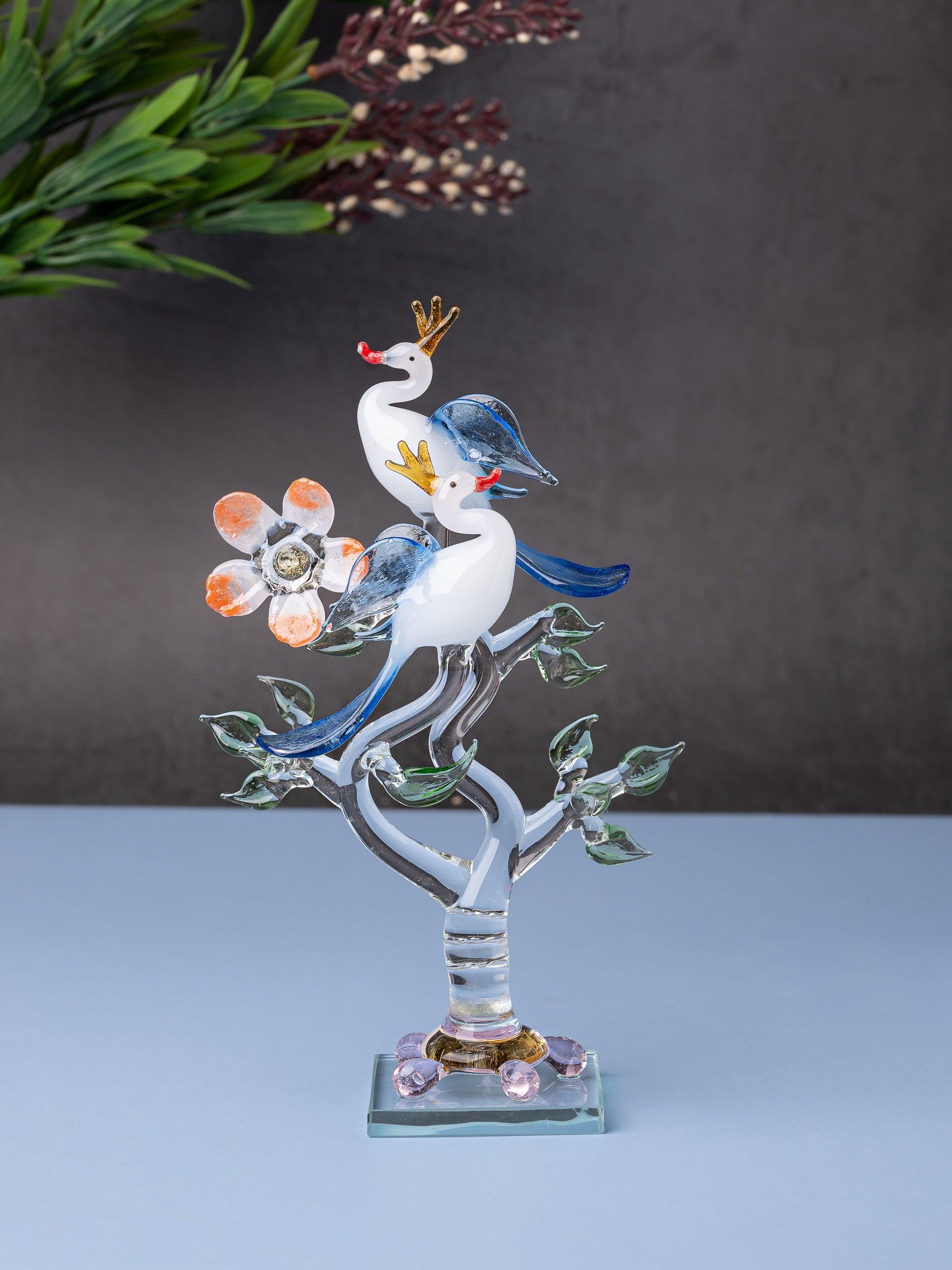 Decorative Glass center piece, Pair of White Peacocks on a Tree - The Heritage Artifacts