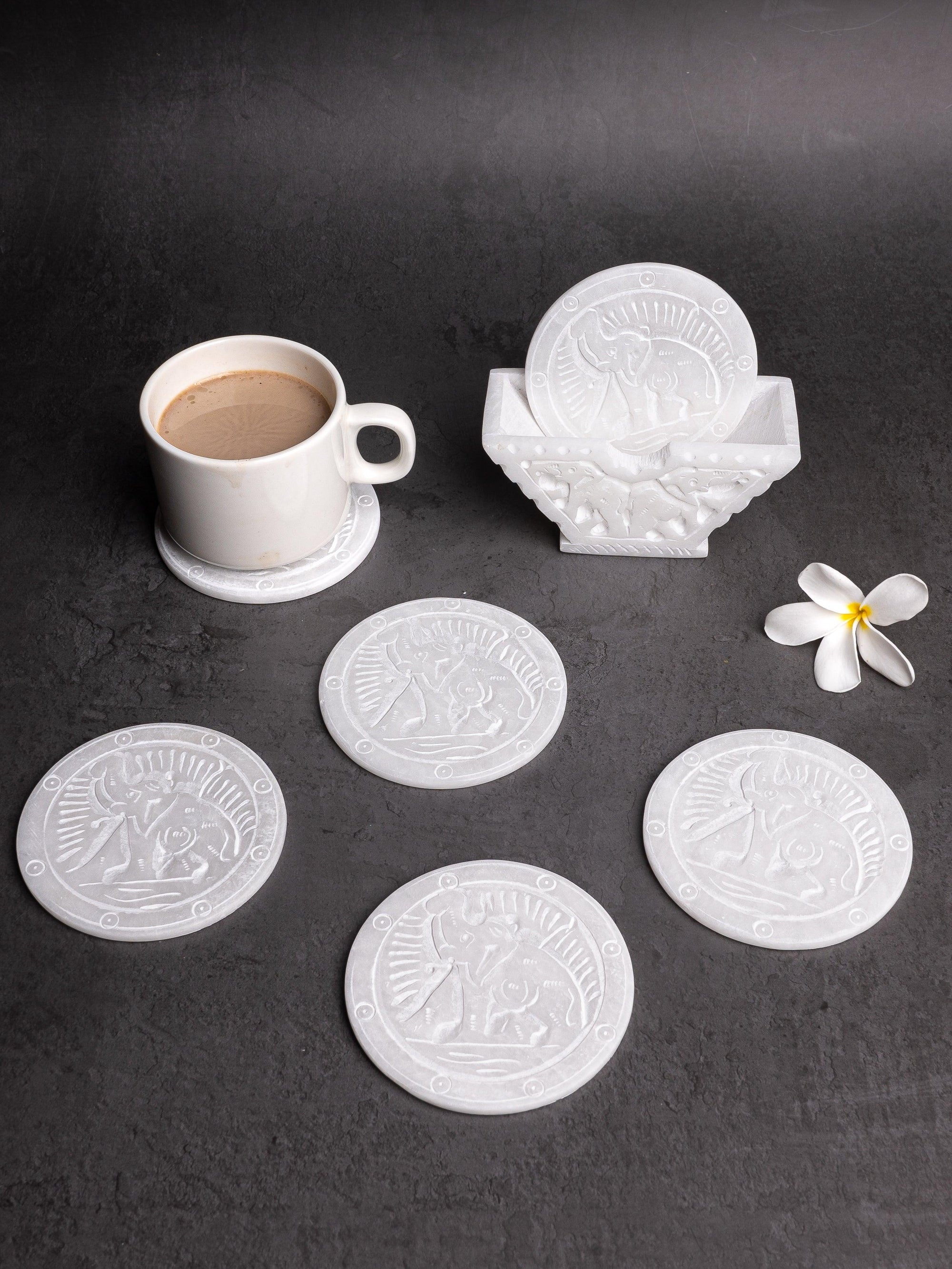 Marble hand carved set of 6 white coasters with stand in pure white color - The Heritage Artifacts