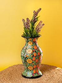 10 inches Paper Mache Vase with colorful flowers painted on Black background - The Heritage Artifacts