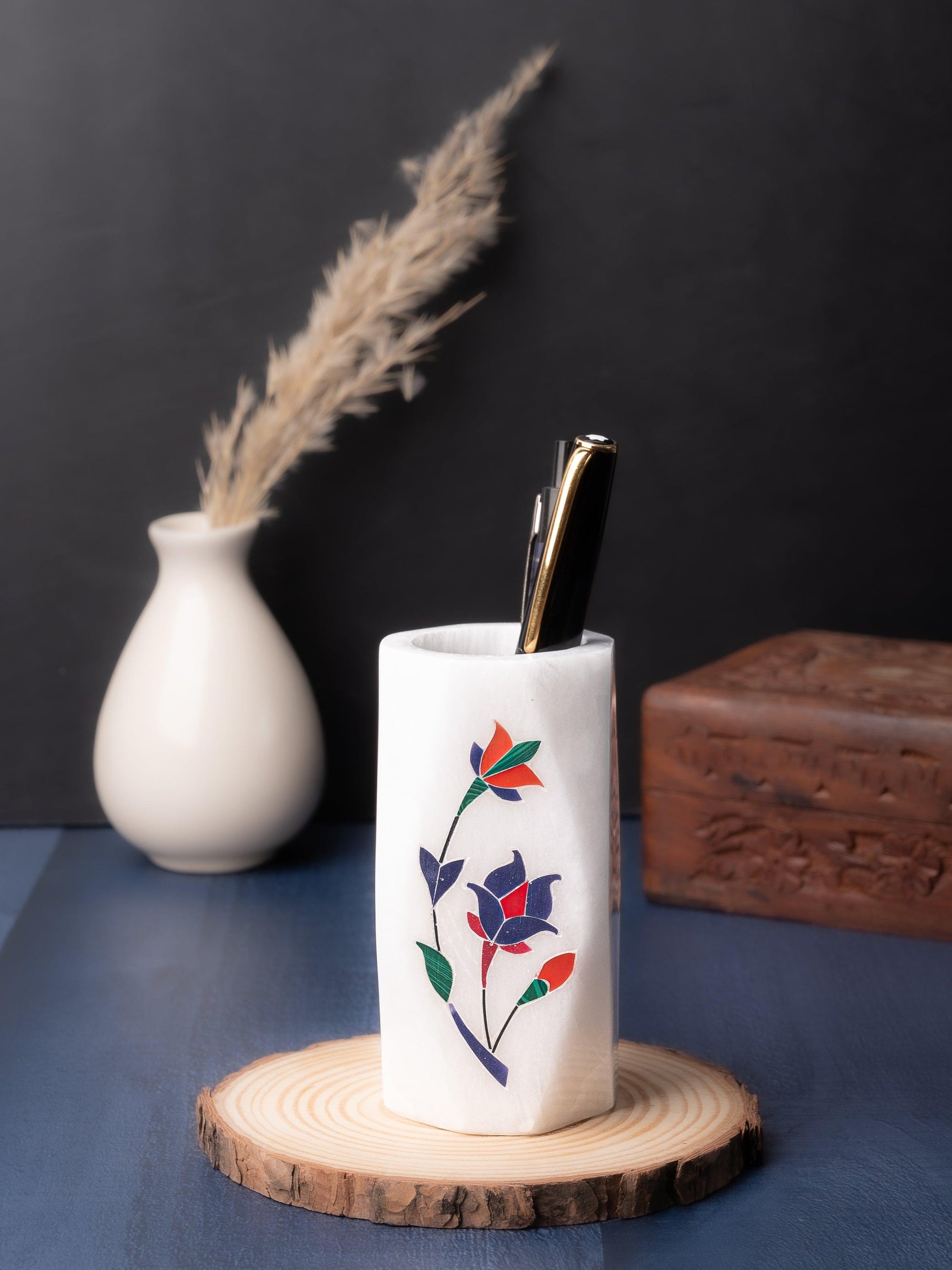White marble pen stand with blue flower inlay work - The Heritage Artifacts