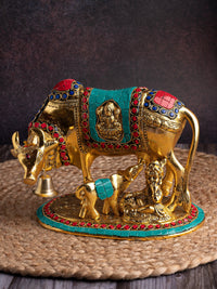 Solid aluminum crafted, gold finish,  Kamdhenu cow with calf staue - The Heritage Artifacts