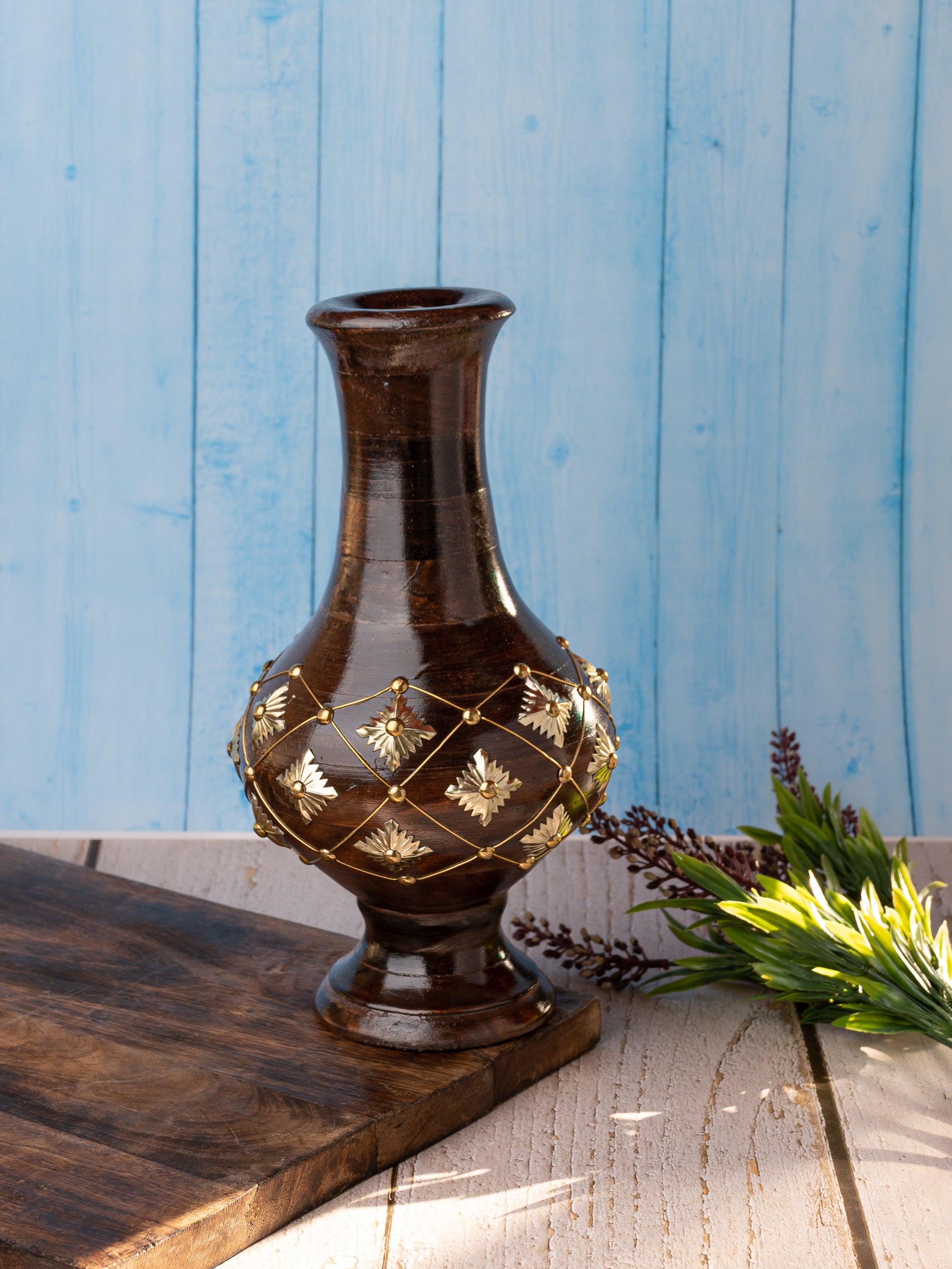 Wooden flower vase with brass decoration - 12 inches in height - The Heritage Artifacts