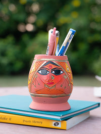 Terracotta Pen and Pencil Holder with Abstract Face Painting - 4 inches - The Heritage Artifacts