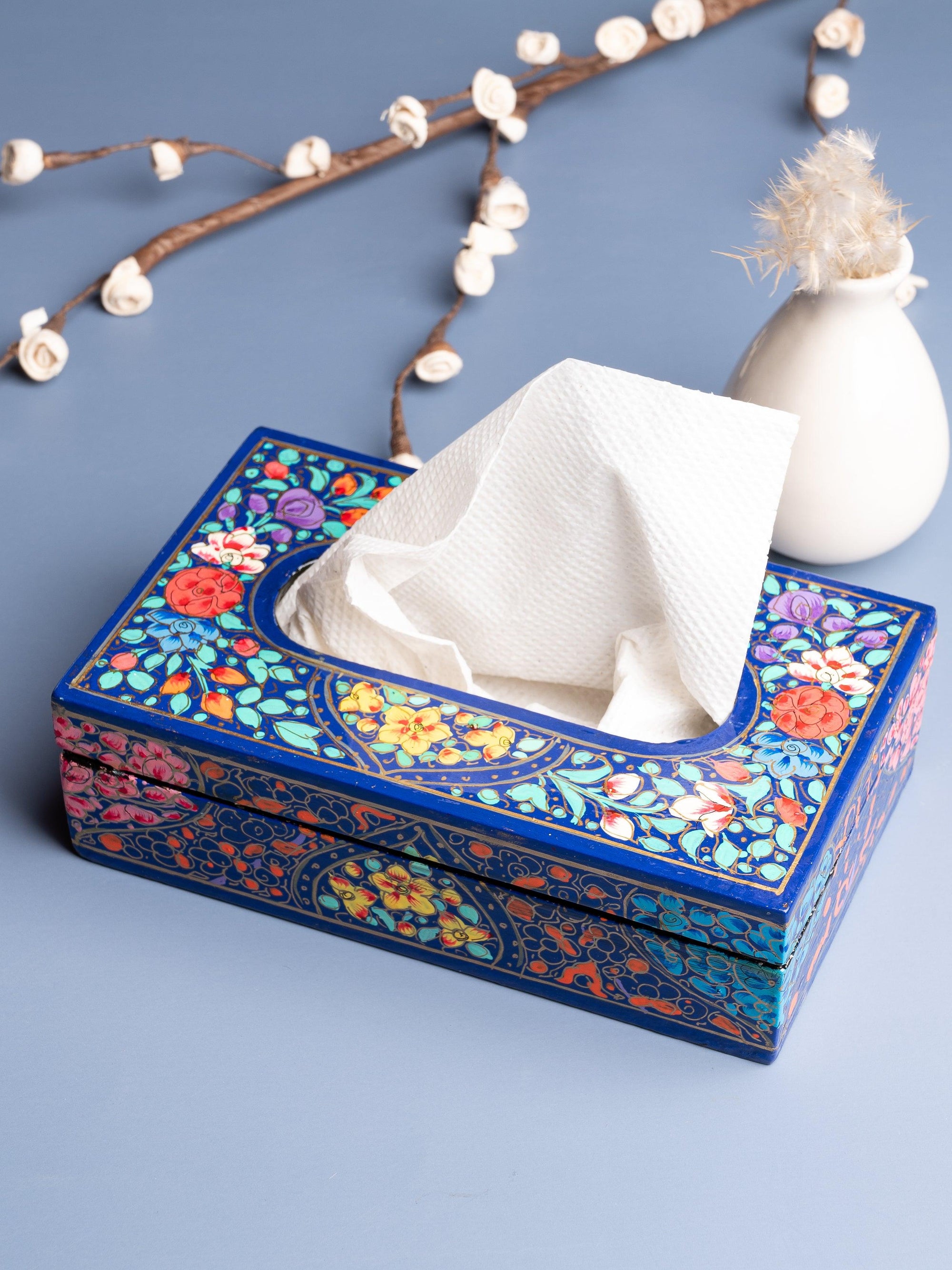 Bright Blue floral printed Paper Mache Tissue Box - The Heritage Artifacts