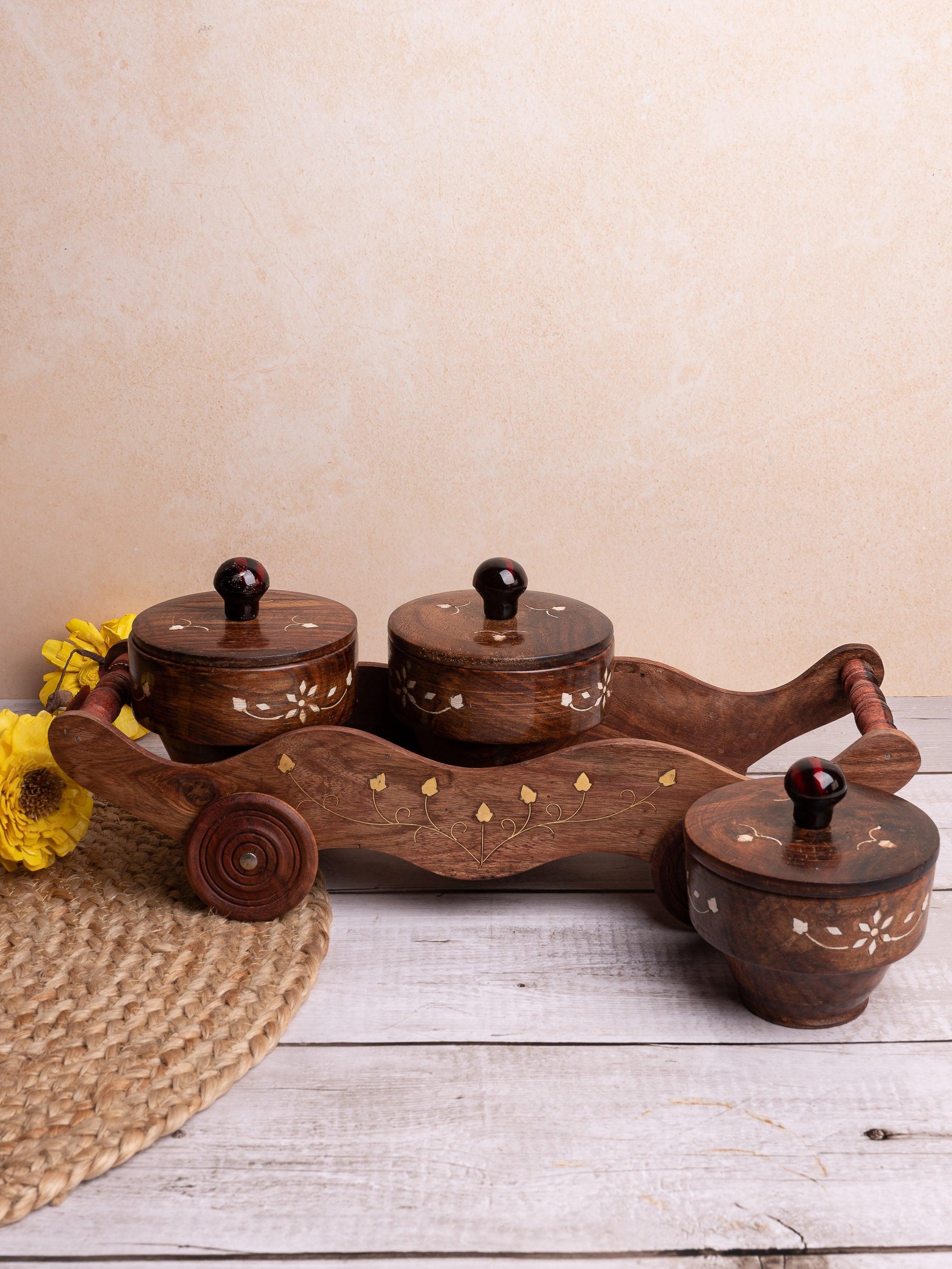 Wooden Container set with Tray for storing Spices / Dry fruits / Mukhwas - The Heritage Artifacts