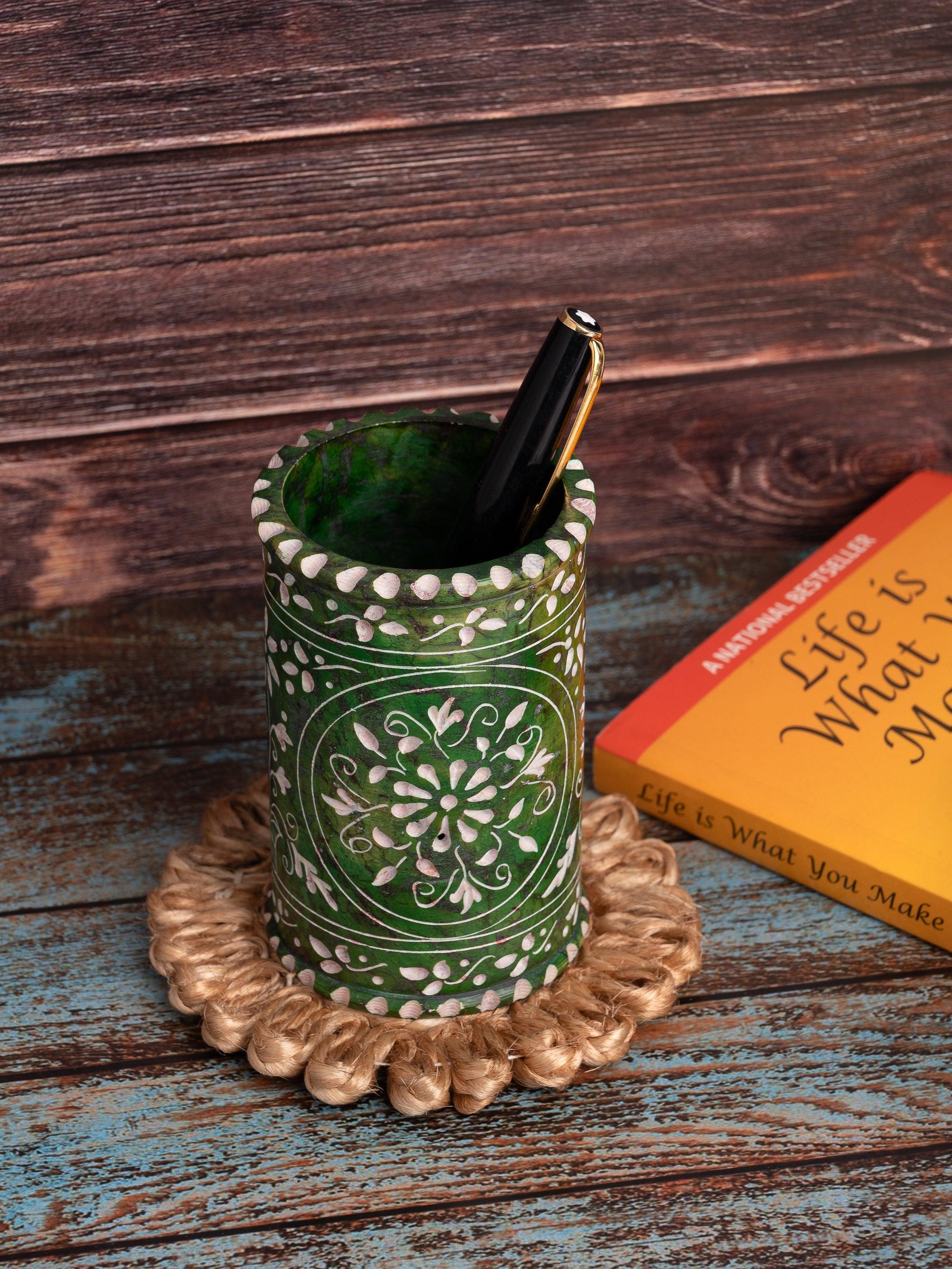 Hand crafted soap stone pen holder in green color - The Heritage Artifacts