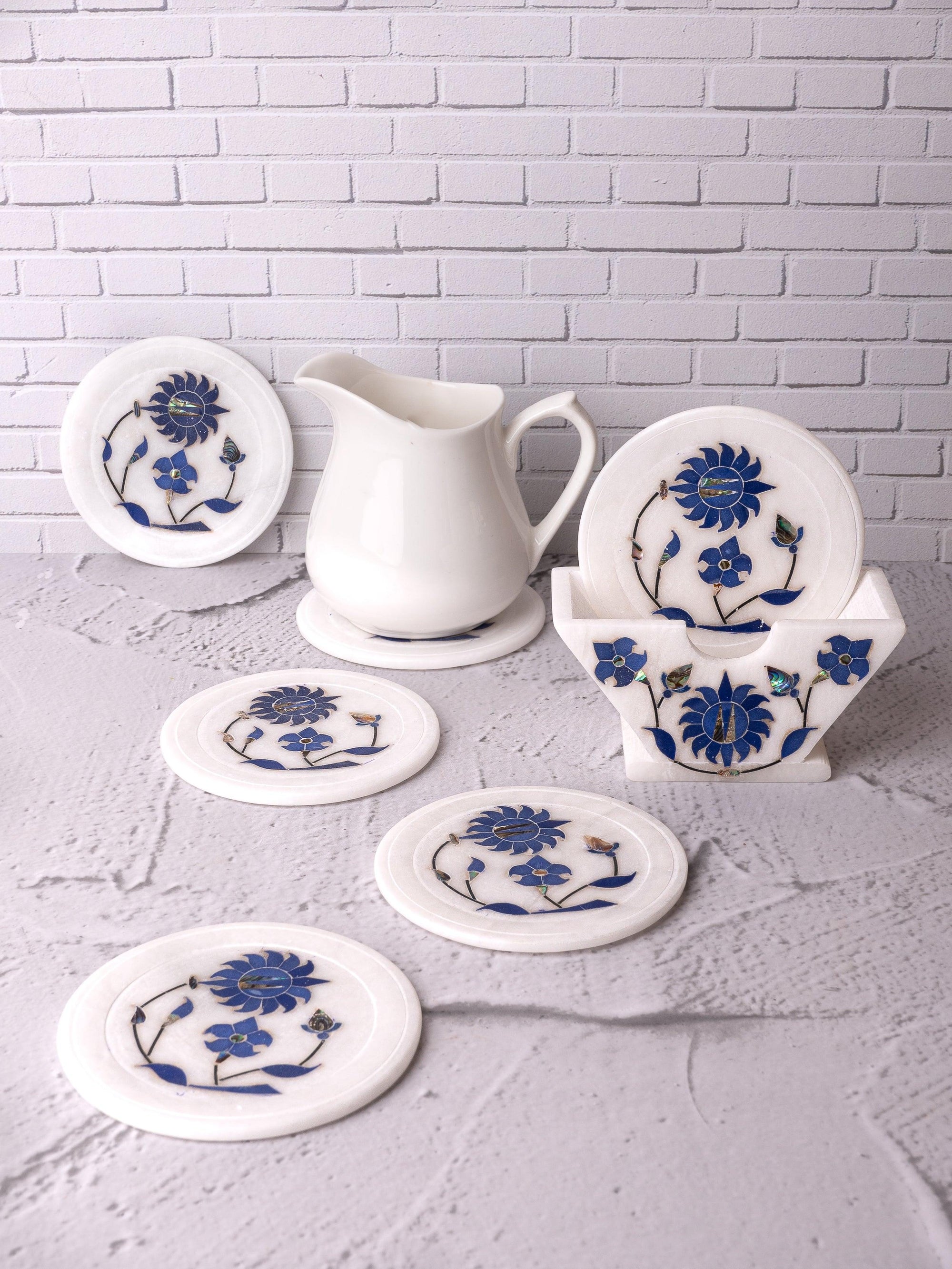 Blue flower 6 pcs marble coaster set with stand - The Heritage Artifacts
