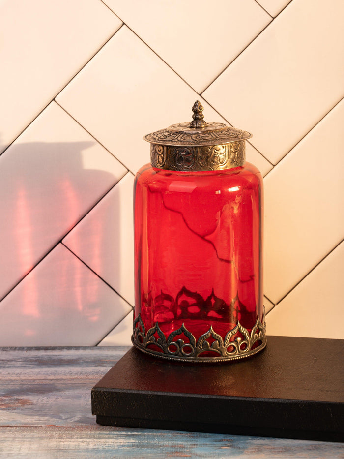 Red Glass Container with Vintage look Metal design on Top and Bottom - The Heritage Artifacts