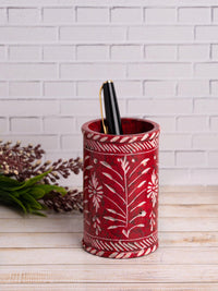 Hand crafted soap stone pen holder in red color - The Heritage Artifacts