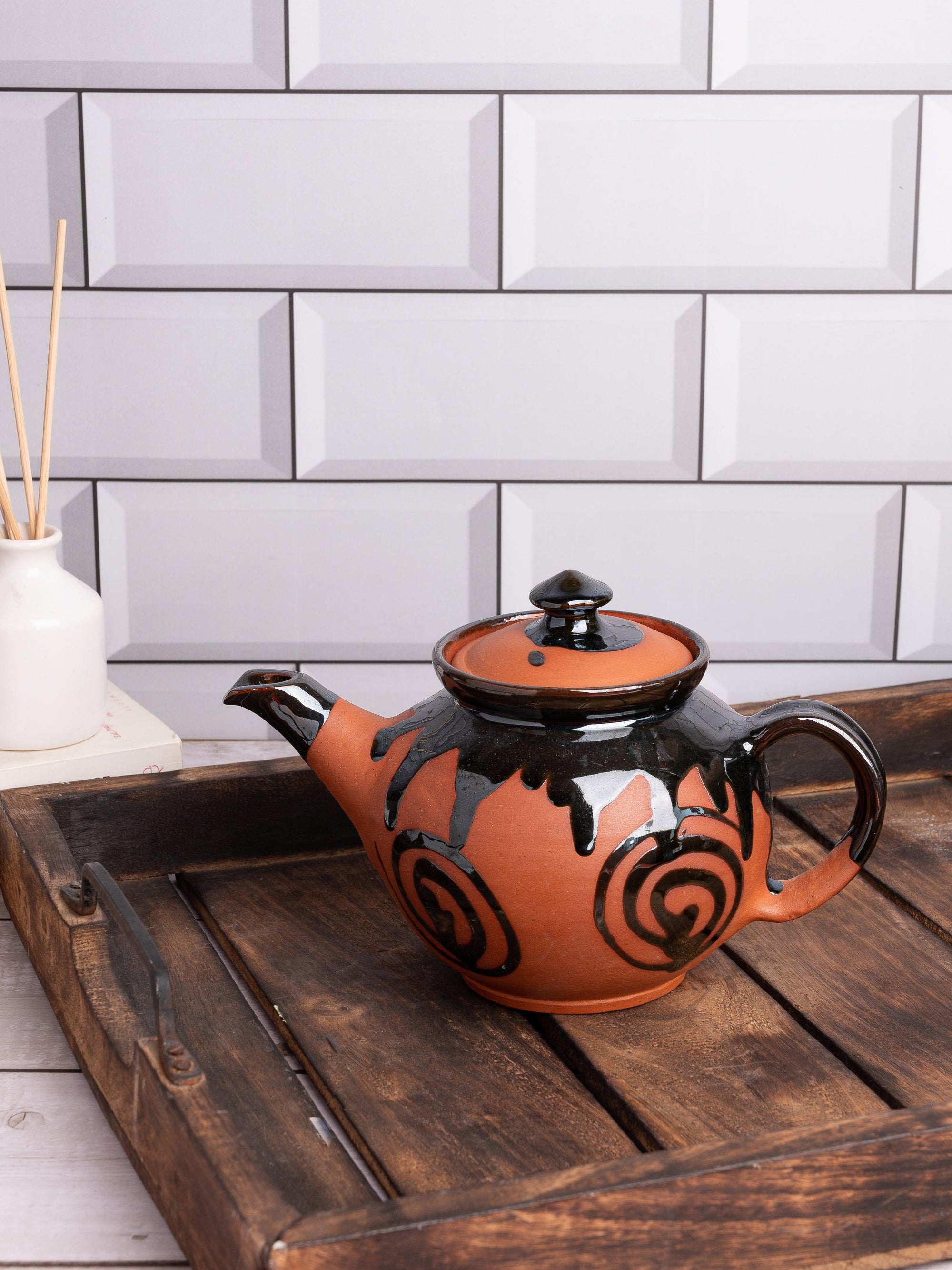 Terracotta Handmade Tea / Coffee Kettle with Glazed Design - 500 ml - The Heritage Artifacts