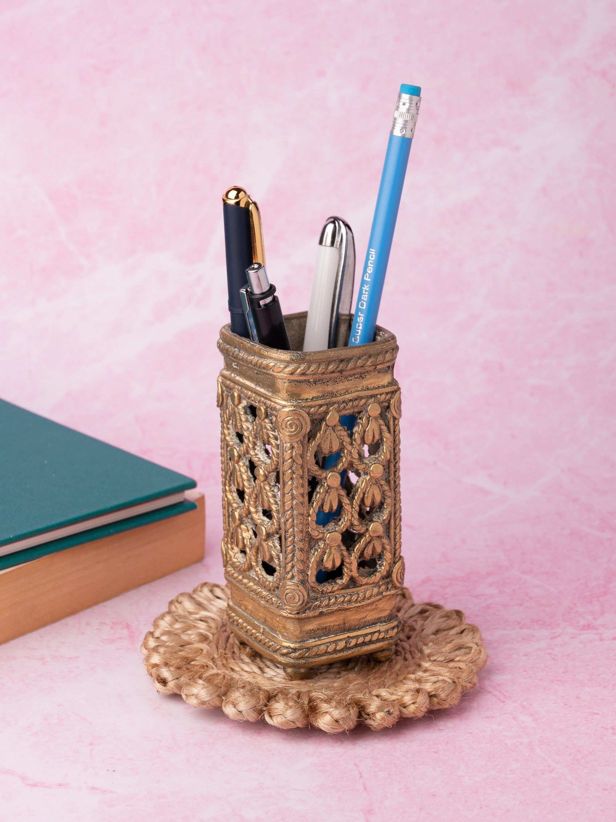 Dokra Art Square Shaped Pen / Pencil Stand, Desk Accessory - 4 inches height - The Heritage Artifacts