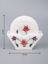 Red flower 6 pcs marble coaster set with stand - The Heritage Artifacts