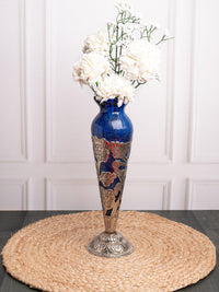 Antique Finish Aluminium wrapped Blue Glass Flower Vase - 13 inches height - The Heritage Artifacts