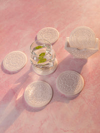 White marble coaster set, hand carved with jali design - The Heritage Artifacts