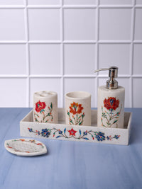 5 pieces bathroom accessories set made of pure marble with colorful inlay work - The Heritage Artifacts