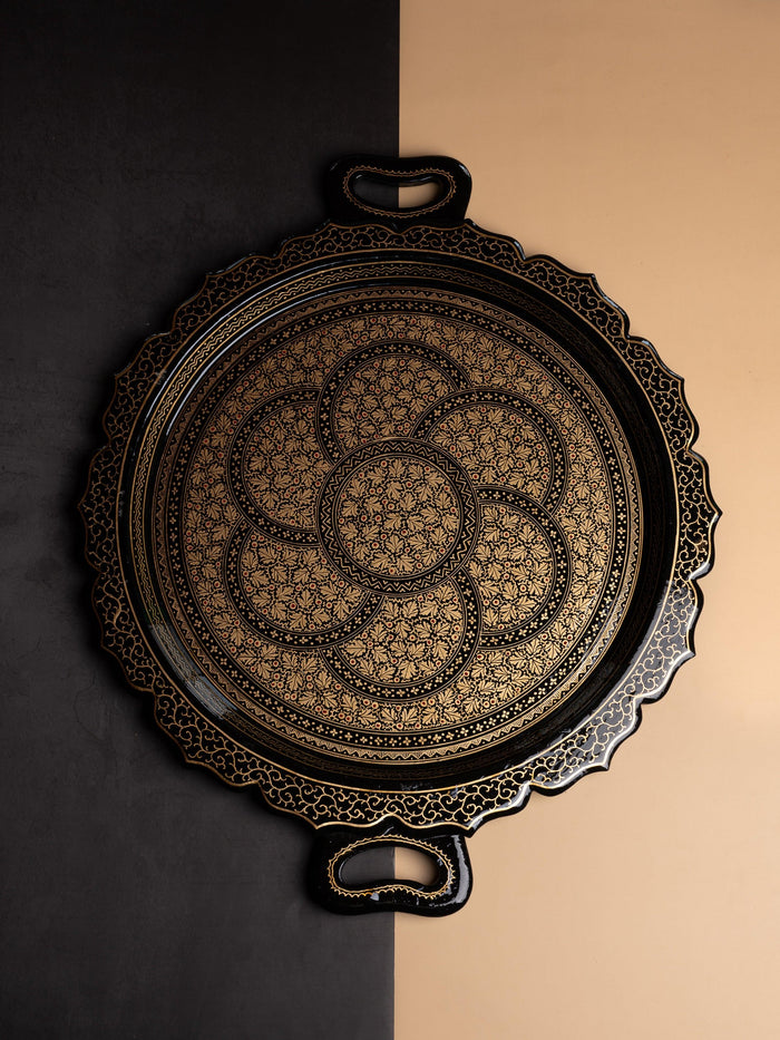 Paper Mache, Black and Gold Round Decorative Serving Tray with Handle - The Heritage Artifacts