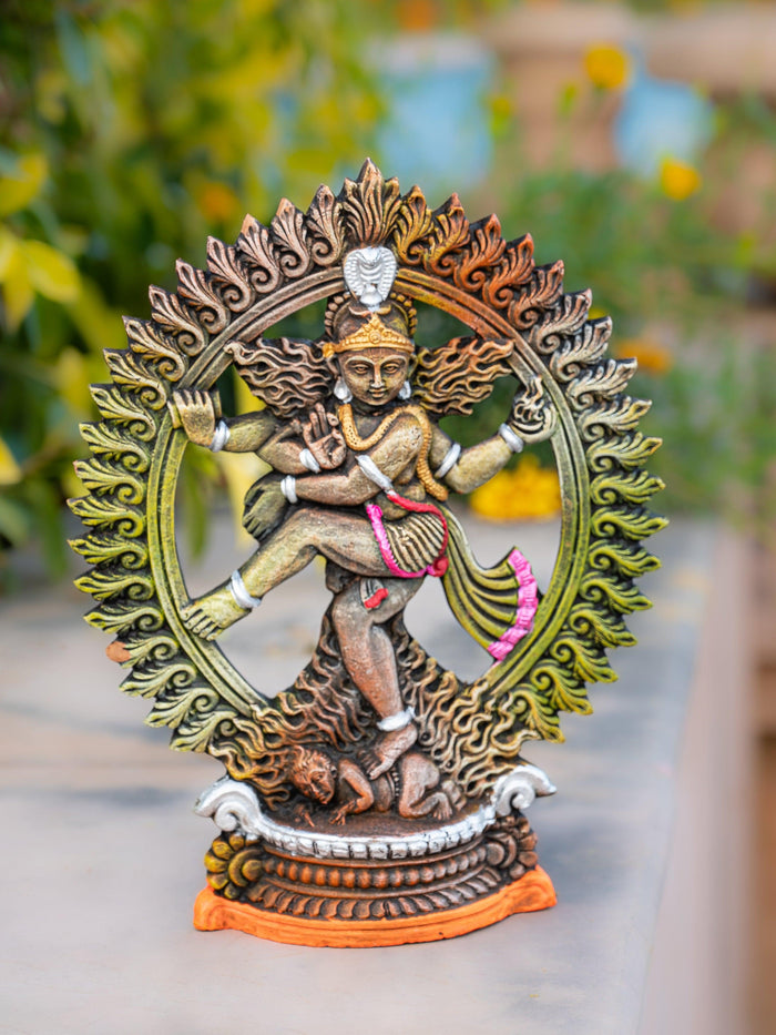 Terracotta Handmade Colorful Lord Nataraj Statue - 11 inches - The Heritage Artifacts