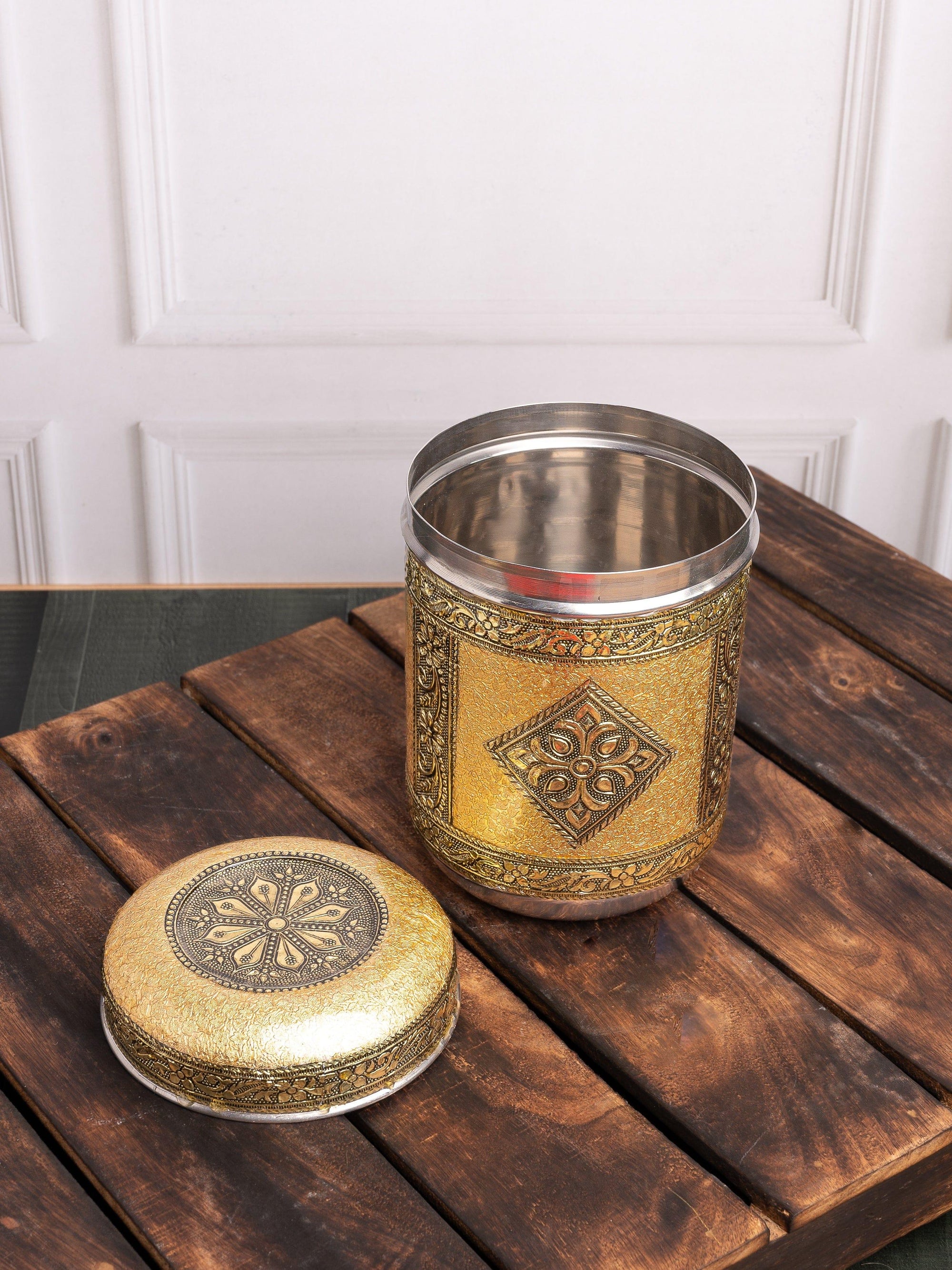 Stainless Steel Multipurpose Kitchen Canister with Meenakari work Laminated on the Exteriors - The Heritage Artifacts