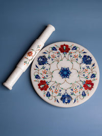 White marble inlaid Chakla Belan / Rolling board and Pin set - The Heritage Artifacts