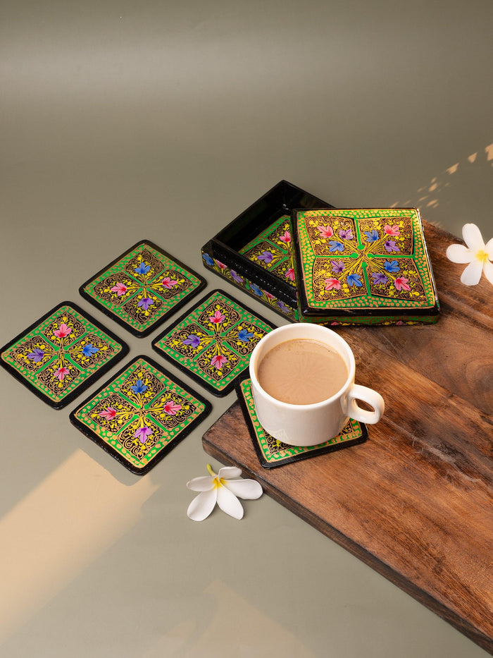Floral Handmade Square Shaped 6 pcs Paper Mache Coaster set in a box - Available in Assorted design and color - The Heritage Artifacts