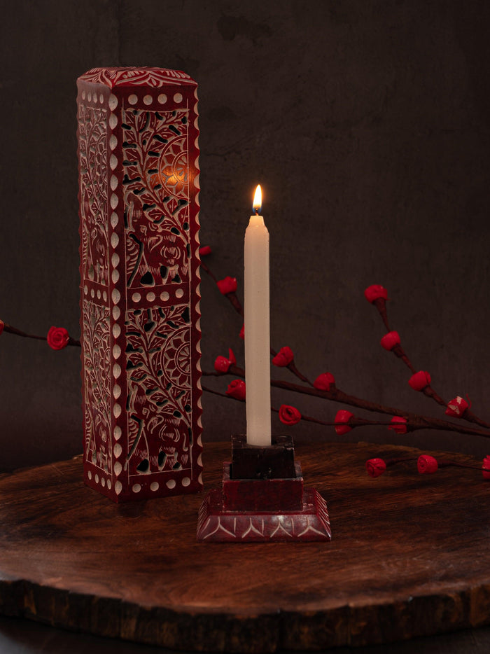 Soapstone carved colorful Agarbatti and Candle stand - 2 in 1 - 11 inches height - The Heritage Artifacts