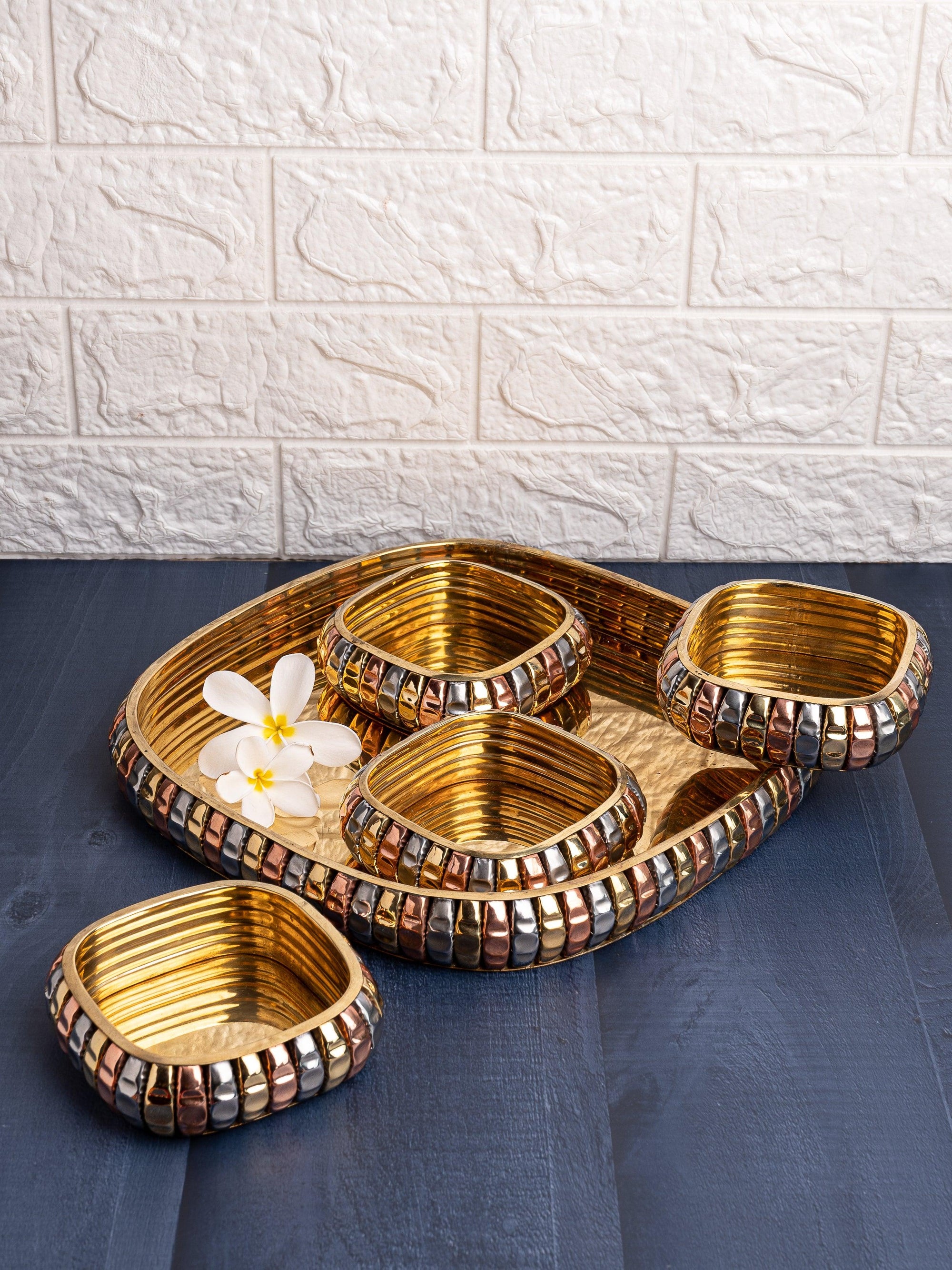 Square Tray with 4 square bowls for serving dry fruits, Brass crafted - The Heritage Artifacts
