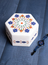 Colorful hexagonal marble jewellery box with heavy inlay work - The Heritage Artifacts