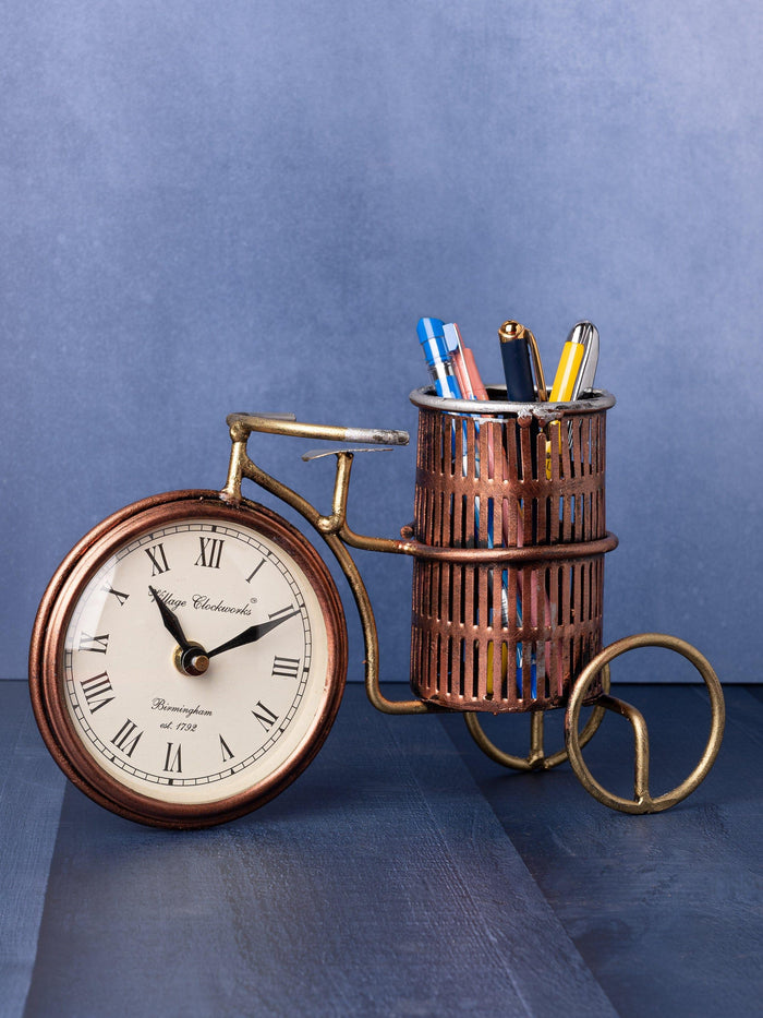Cycle Design Pen / Pencil Holder with Clock for Desktop Use - The Heritage Artifacts