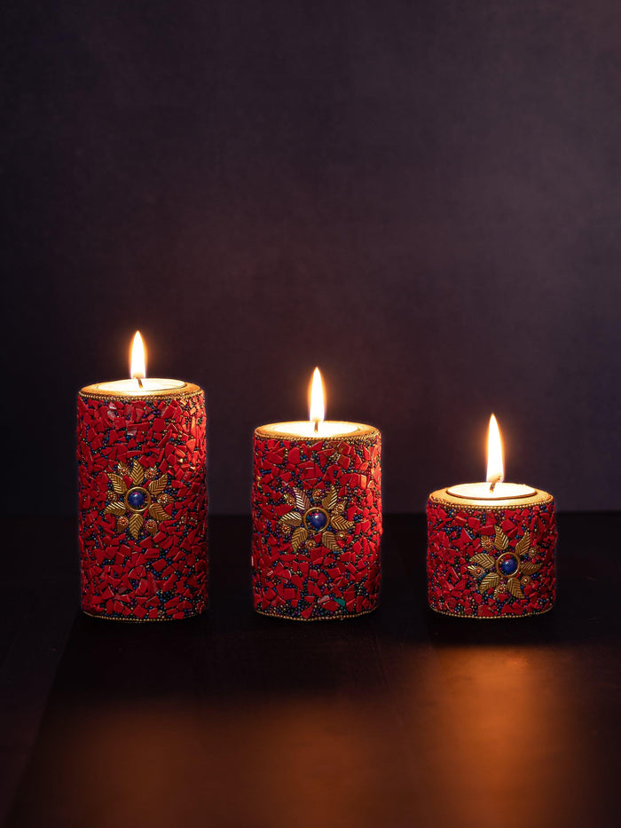 Traditional Meenakari Tea Light Candle Holder Set of 3 pcs - Red - The Heritage Artifacts