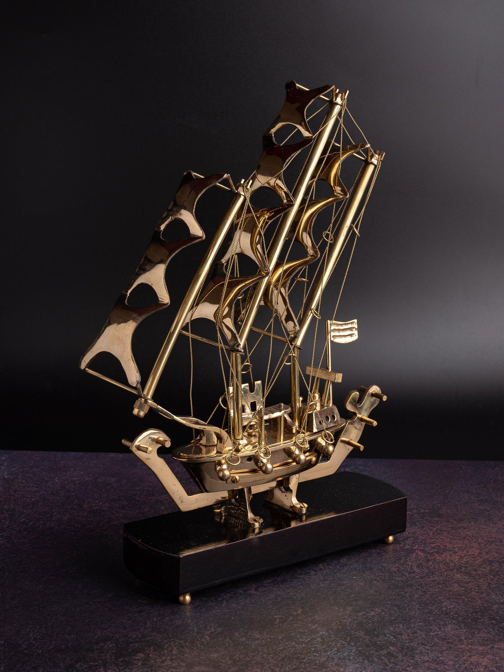 Brass Sailing Pirate Ship on a Wooden Base, Decorative showpiece - The Heritage Artifacts
