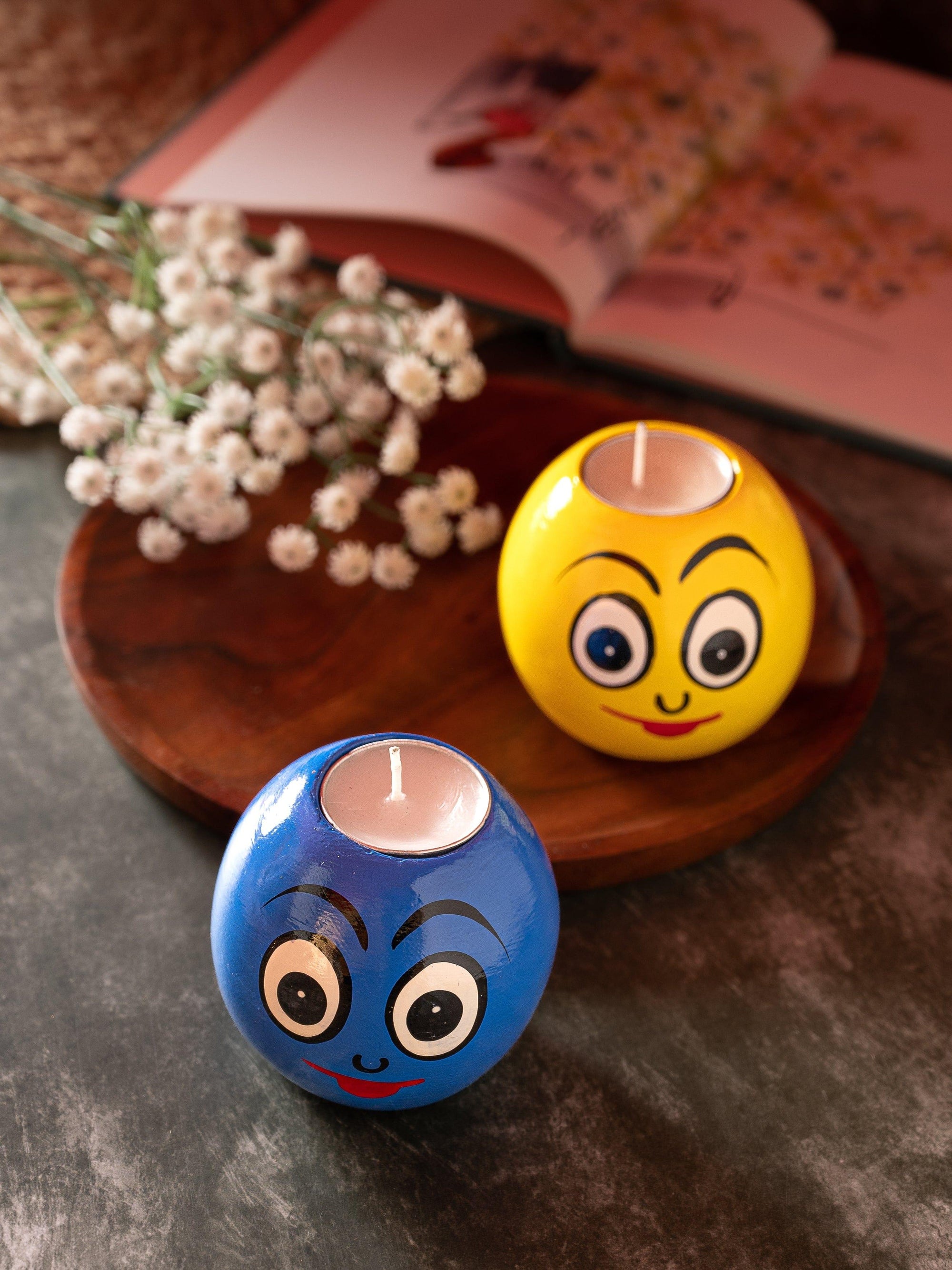 Colorful Smily Candle holder with Tea light Candles, Set of 2 - The Heritage Artifacts