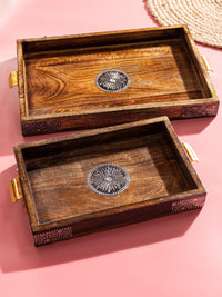 Wooden Serving Tray, Set of 2, Vintage look with heavy brass work on the edges - The Heritage Artifacts