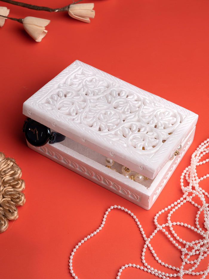 White marble jewellery box with jali carving - big size - The Heritage Artifacts