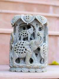 Stone carved decorative showpiece, multiple elephants under a tree - The Heritage Artifacts