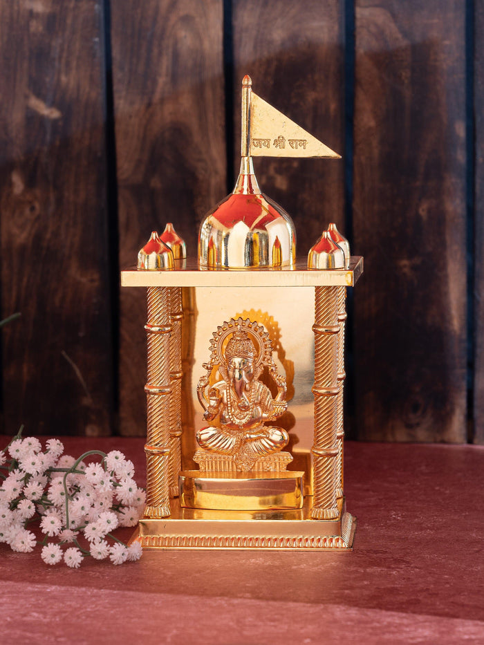 Small Gold Temple with Lord Ganesh Idol Inside - 9 inches height - The Heritage Artifacts