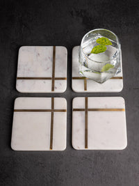 White marble 4 pieces coaster set in square shape with brass inlay work - The Heritage Artifacts