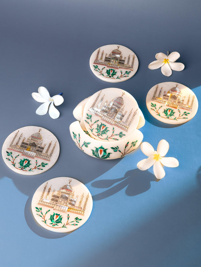 White marble 6 pieces coaster set with the iconic Taj Mahal inlay work - The Heritage Artifacts