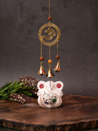 Brass Om design Wind Chime with 3 Bells and Rudraksha beads - 28 cm long with chain - The Heritage Artifacts