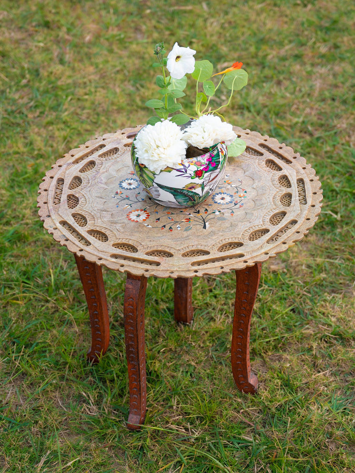 Side table made of hand crafted paleva stone top and wooden legs - The Heritage Artifacts