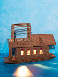 Walnut wood carved Kashmir House Boat with Lights - 14 inches long - The Heritage Artifacts