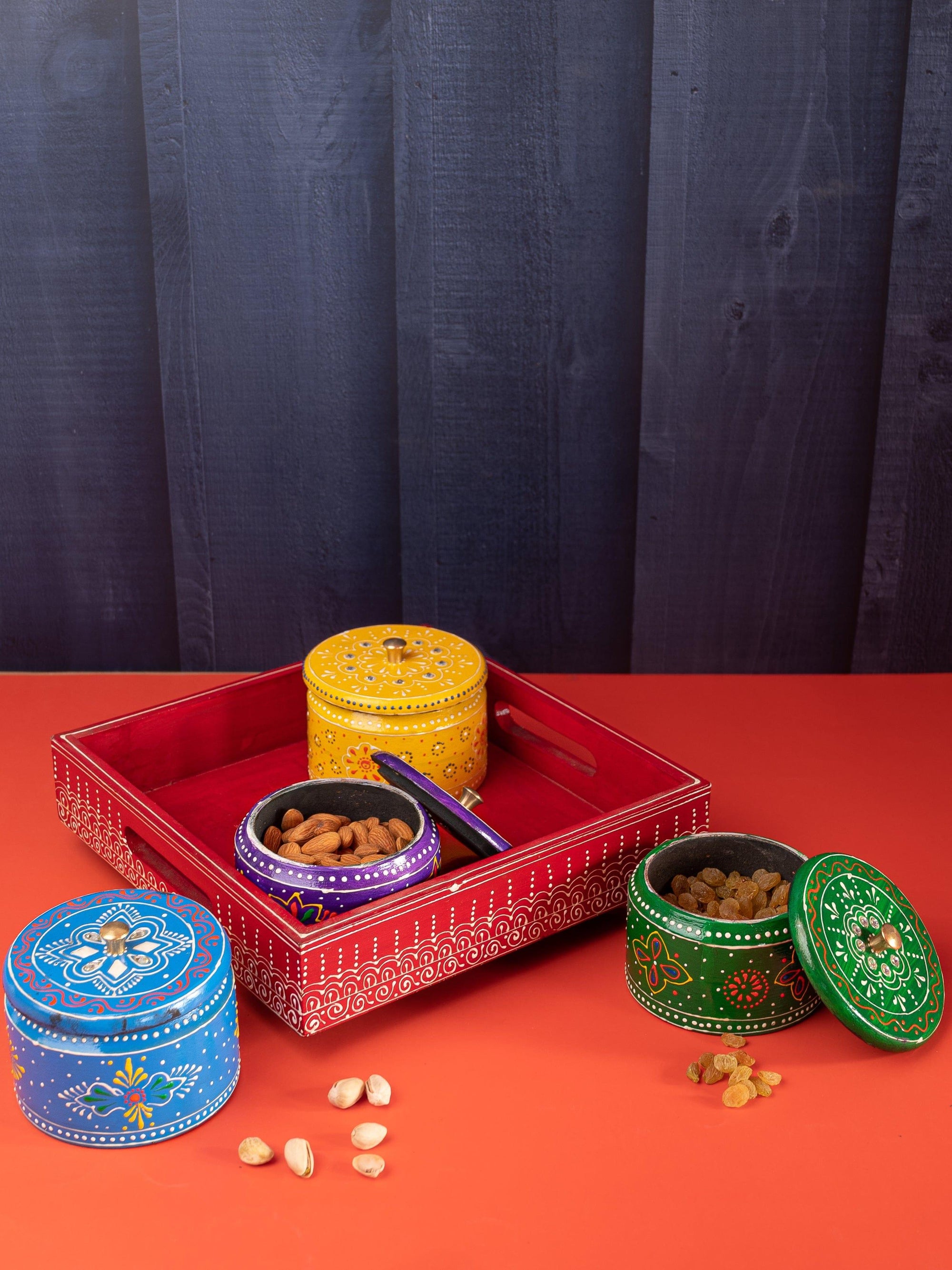 Meenakari Work Dry Fruit Storage Set with 4 Containers and 1 Rotating Tray - The Heritage Artifacts