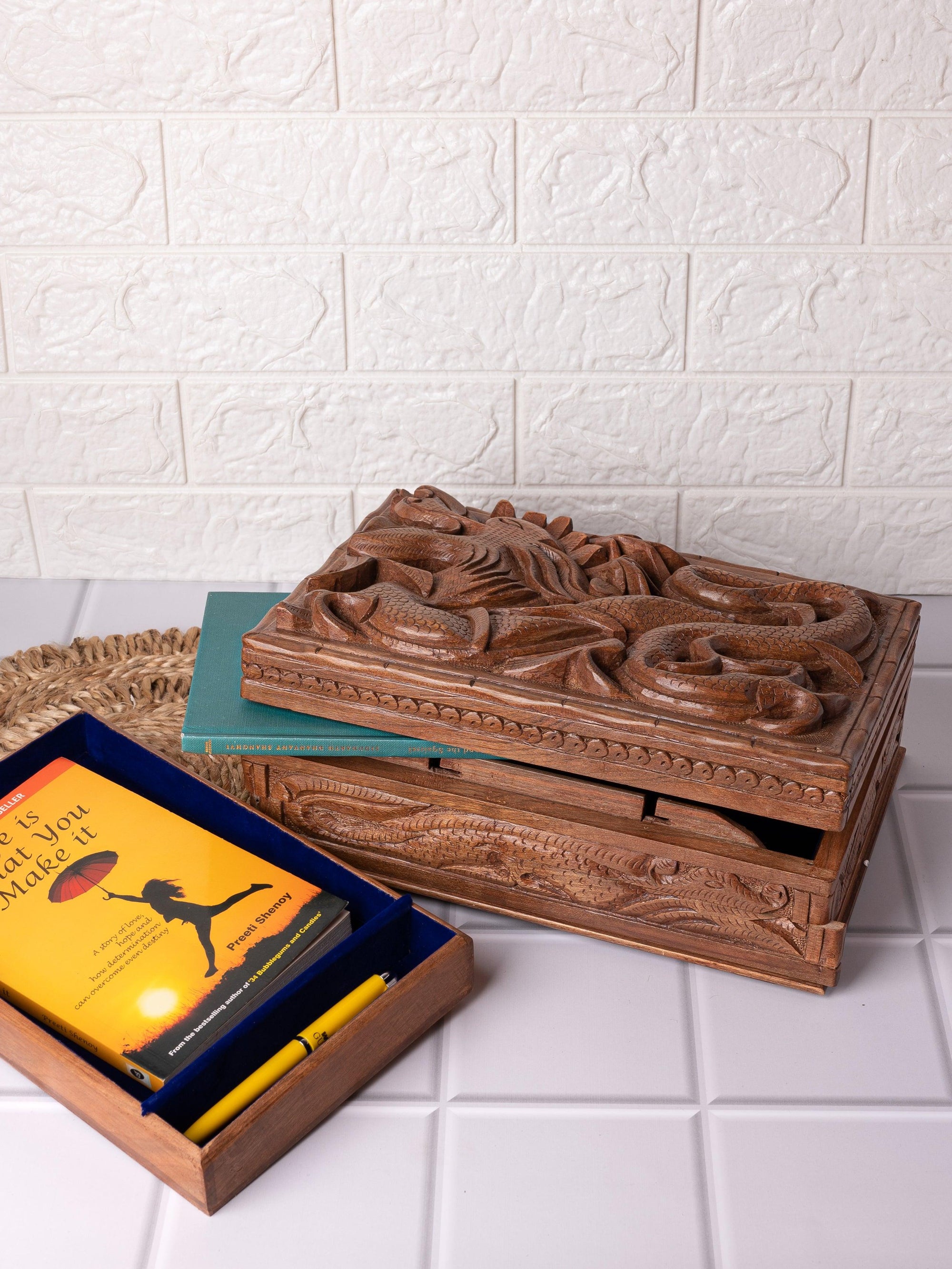 Walnut wood carved Dragon design Storage box, Big size - 8x12 inches - The Heritage Artifacts
