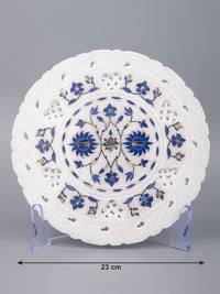 Marble décor plate with intricate blue floral inlay work - 9 inches - The Heritage Artifacts